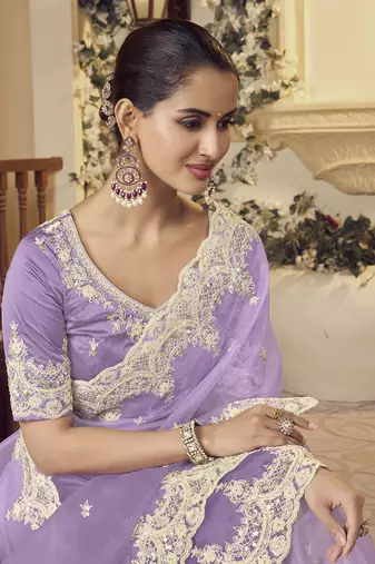 Lavender micro net party wear embroidered saree with blouse fabric 