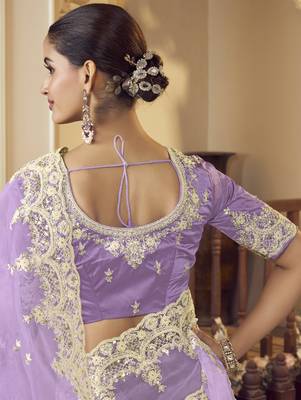 Lavender micro net party wear embroidered saree with blouse fabric  3
