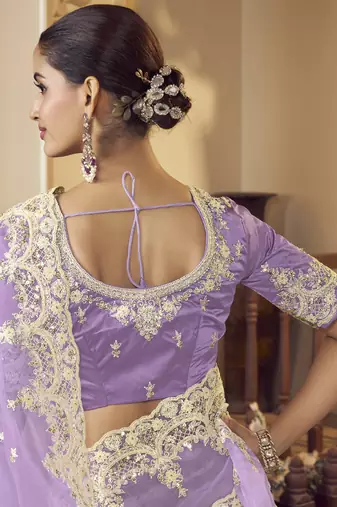 Lavender micro net party wear embroidered saree with blouse fabric 