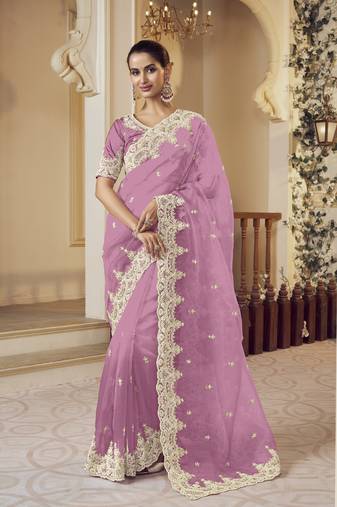 Purple micro net party wear embroidered saree with blouse fabric 