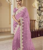 Purple micro net party wear embroidered saree with blouse fabric 