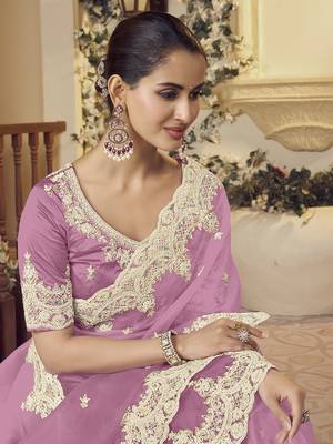 Purple micro net party wear embroidered saree with blouse fabric  2