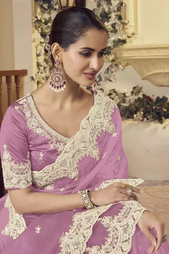 Purple micro net party wear embroidered saree with blouse fabric 