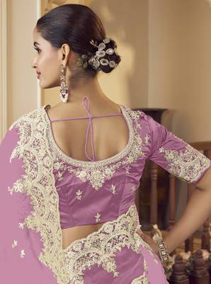 Purple micro net party wear embroidered saree with blouse fabric  3