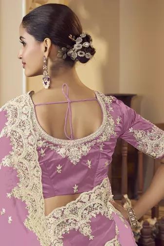 Purple micro net party wear embroidered saree with blouse fabric 