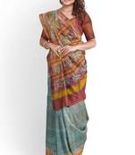 Peach and turquoise mulberry pure silk single ikkat  saree