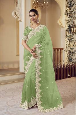 Green micro net party wear embroidered saree with blouse fabric  1