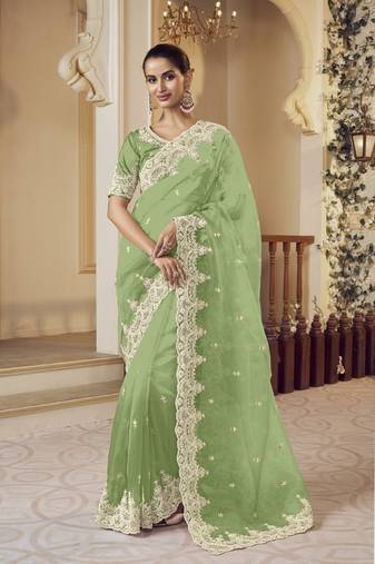 Green micro net party wear embroidered saree with blouse fabric 