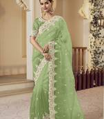 Green micro net party wear embroidered saree with blouse fabric 