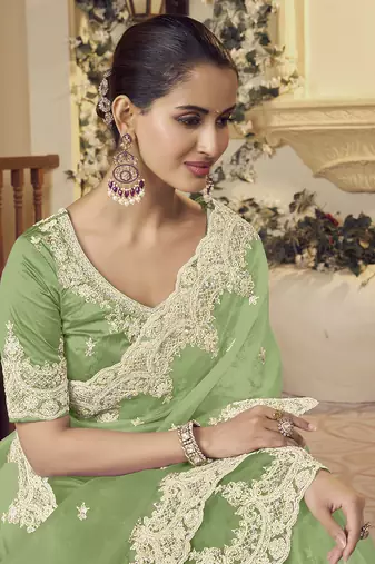 Green micro net party wear embroidered saree with blouse fabric 