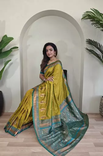 Pista Kanchipuram Paithani art Silk Saree