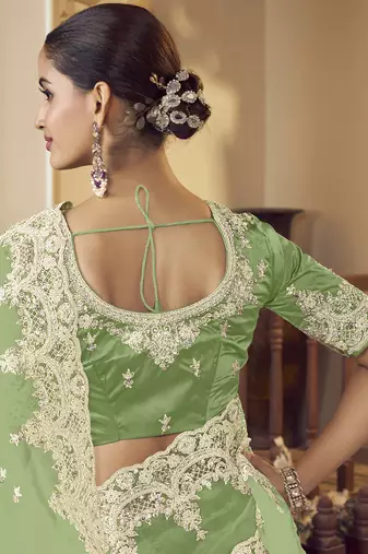 Green micro net party wear embroidered saree with blouse fabric 