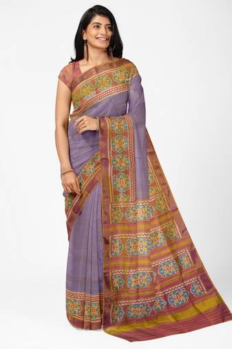 Peach and lavendar mulberry pure silk single ikkat  saree