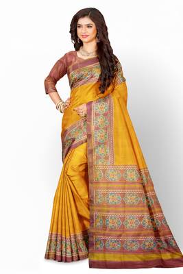 Peach and yellow mulberry pure silk single ikkat  saree 1