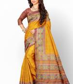 Peach and yellow mulberry pure silk single ikkat  saree