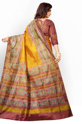 Peach and yellow mulberry pure silk single ikkat  saree 2