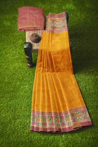 Peach and yellow mulberry pure silk single ikkat  saree