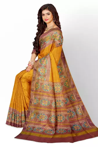 Peach and yellow mulberry pure silk single ikkat  saree