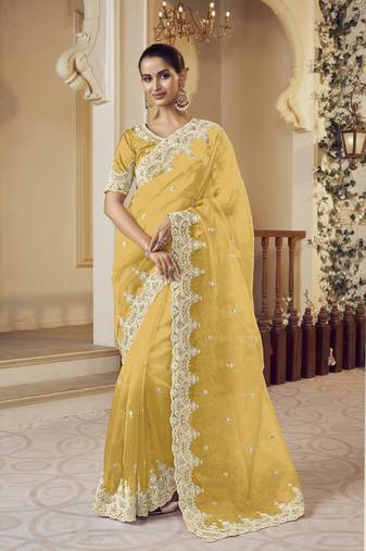 Yellow micro net party wear embroidered saree with blouse fabric 
