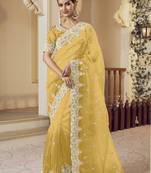Yellow micro net party wear embroidered saree with blouse fabric 
