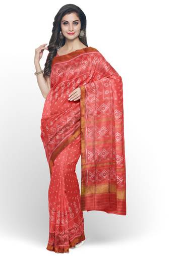 Gajari pink mulberry pure silk single ikkat  saree