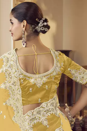 Yellow micro net party wear embroidered saree with blouse fabric 