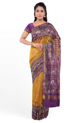 Magenta and yellow mulberry pure silk single ikkat  saree 1