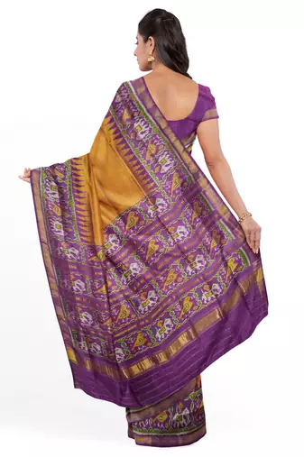 Magenta and yellow mulberry pure silk single ikkat  saree