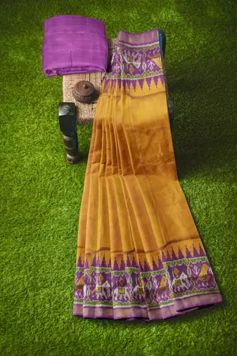 Magenta and yellow mulberry pure silk single ikkat  saree