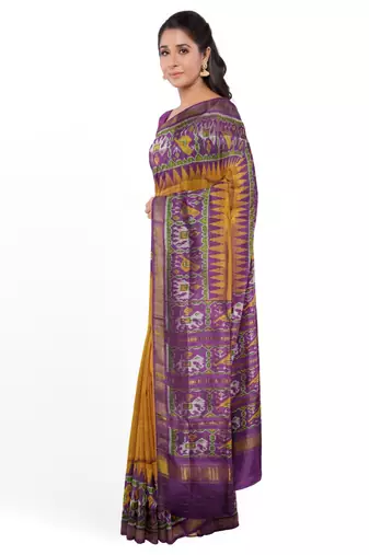 Magenta and yellow mulberry pure silk single ikkat  saree
