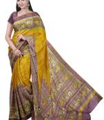 Yellow and peach mulberry pure silk single ikkat  saree