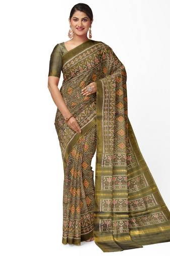 Khakhi mulberry pure silk single ikkat  saree