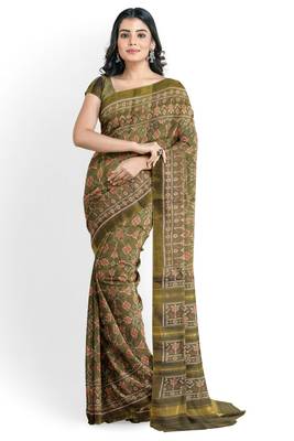 Khakhi mulberry pure silk single ikkat  saree 1