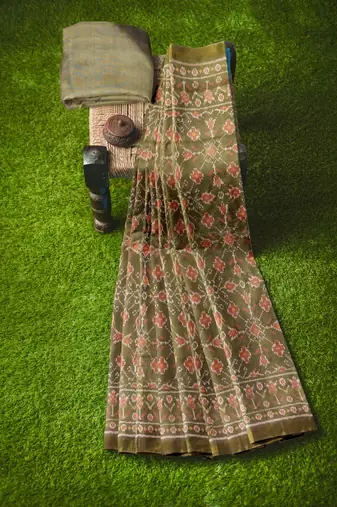 Khakhi mulberry pure silk single ikkat  saree