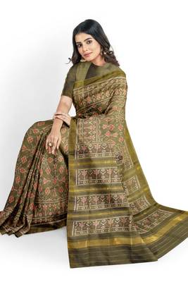 Khakhi mulberry pure silk single ikkat  saree 4