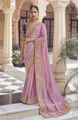 Light purple georgette party wear embroidered saree with blouse fabric  1