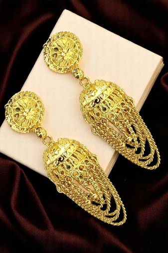9blings gold plated ornate layered jhumka earrings