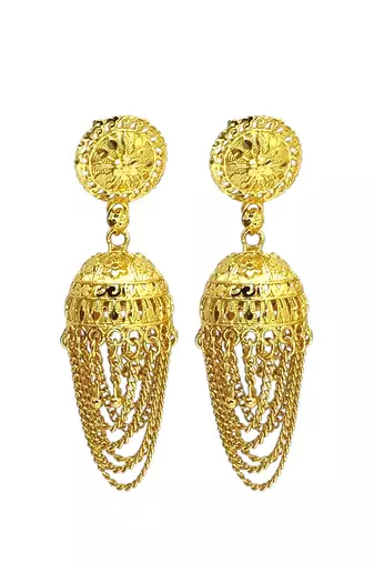 9blings gold plated ornate layered jhumka earrings