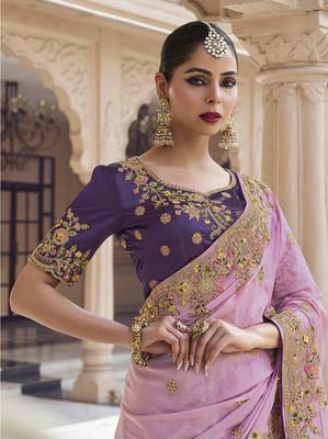 Light purple georgette party wear embroidered saree with blouse fabric  2