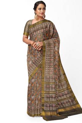 Khakhi mulberry pure silk single ikkat  saree 1