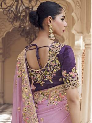Light purple georgette party wear embroidered saree with blouse fabric  3
