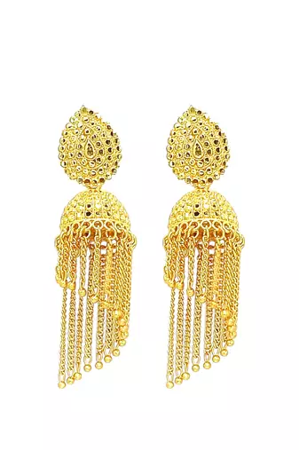 9blings gold plated layered tasseled jhumka earrings