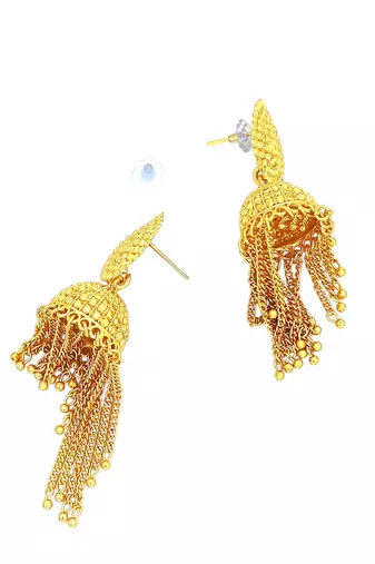 9blings gold plated layered tasseled jhumka earrings