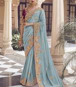 Dusty sea green georgette party wear embroidered saree with blouse fabric 