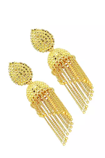 9blings gold plated layered tasseled jhumka earrings