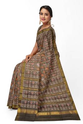 Khakhi mulberry pure silk single ikkat  saree 4