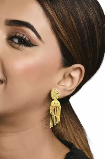 9blings gold plated layered tasseled jhumka earrings