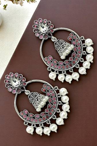 9blings silver oxidised stone & beads studded chandbali earrings