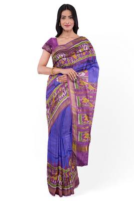 Blue and magenta mulberry pure silk single ikkat  saree 1