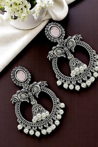 9blings silver oxidised peacock design mauve chandbali earrings